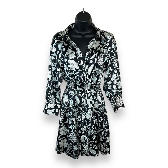 XS NEW Zara Satin Dress Black Blue White Floral Long Sleeve Button Front - Picture 1 of 11
